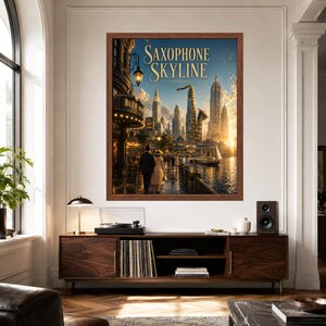 May include: A framed wall art print titled Saxophone Skyline featuring a city landscape with skyscrapers, a large saxophone structure, a waterfront, and two figures walking past a building labeled Blue Note Jazz Club at sunset.