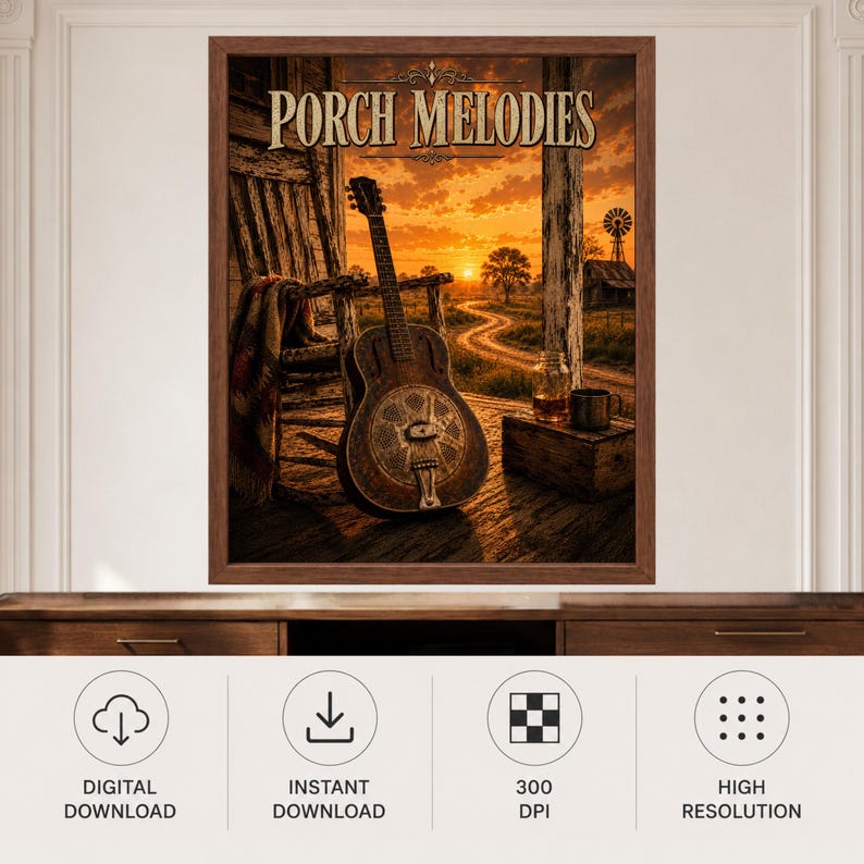 Tryck med verandamelodier och resonatorgitarr, rustik countrymusikkonst (digital nedladdning) bild 10