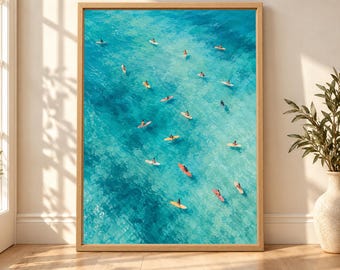 Aerial Turquoise Ocean Surfers Print, Coastal Surfboard Art (Digital Download)