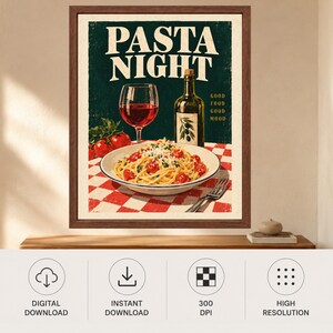 Pasta Night Poster, Retro Italian Kitchen Art, Wine & Olive Oil Print (Digital Download) image 11