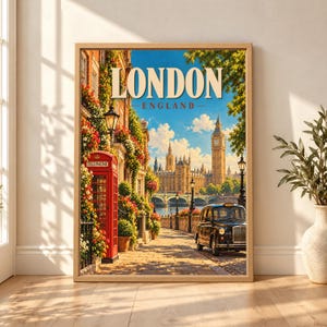 Framed London England travel poster showing Big Ben and the Houses of Parliament beyond a flower-lined street with a red telephone box, black taxi, Westminster Bridge and blue sky.