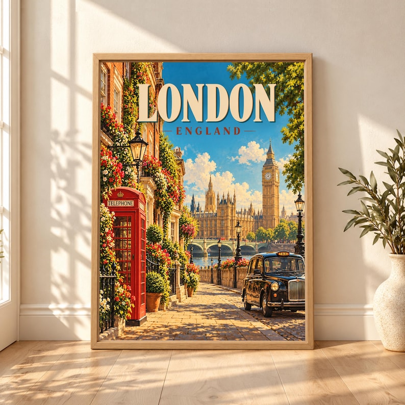 Framed London England travel poster showing Big Ben and the Houses of Parliament beyond a flower-lined street with a red telephone box, black taxi, Westminster Bridge and blue sky.