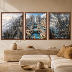 May include: A set of three framed wall art prints featuring fantasy cityscapes. The left print shows Valleombra, the center print shows Tidemaris, and the right print shows Vela di Pietra. Each print includes the city name and a descriptive subtitle.