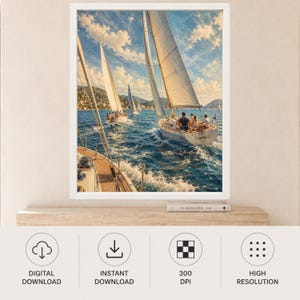 Puede incluir: Una impresi&oacute;n de arte mural enmarcada que muestra una vibrante escena n&aacute;utica de varios veleros en aguas azul profundo bajo un cielo brillante con nubes dispersas. La perspectiva es desde la cubierta de un barco, mostrando velas blancas.