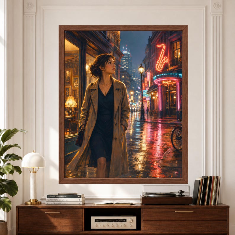 Framed jazz night wall art featuring an elegant woman walking along a rain-soaked city street with glowing storefronts, colorful neon reflections and a large illuminated saxophone sign outside a jazz club above a record player console.