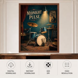 May include: A framed wall art print titled Midnight Pulse featuring a blue drum kit in a dimly lit jazz club setting. The scene includes a bass drum, snare, and cymbals, with a red curtain, a jazz poster, and a chalkboard menu in the background.