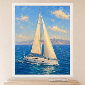 May include: An oil painting in a white frame depicting a white sailboat with two large sails navigating deep blue ocean waters under a bright blue sky with scattered white clouds, with distant mountains visible on the horizon line.