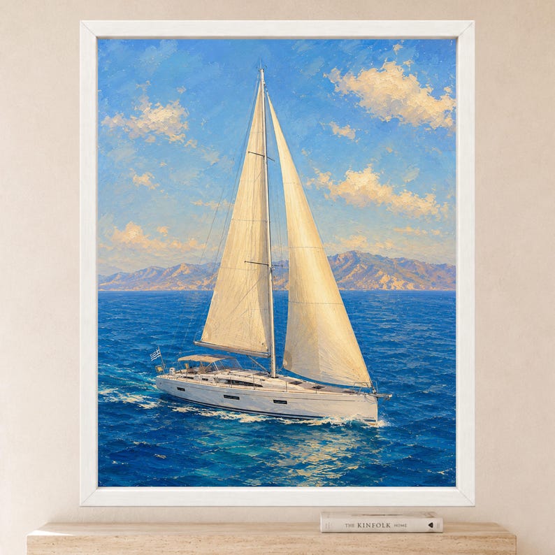 May include: An oil painting in a white frame depicting a white sailboat with two large sails navigating deep blue ocean waters under a bright blue sky with scattered white clouds, with distant mountains visible on the horizon line.