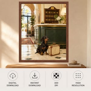 May include: A rectangular wall art print featuring a dark brown wooden frame. The image depicts a black and tan dachshund sitting on a marble floor next to a vintage-style beige suitcase in a hotel lobby with a green reception desk and key rack.