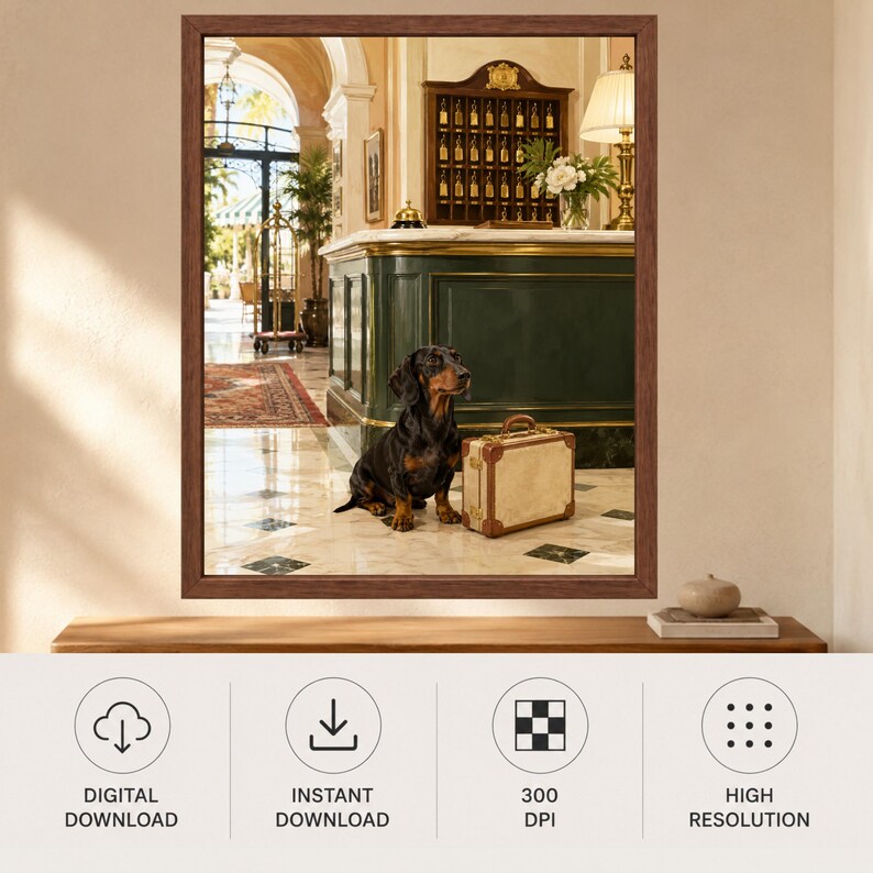 May include: A rectangular wall art print featuring a dark brown wooden frame. The image depicts a black and tan dachshund sitting on a marble floor next to a vintage-style beige suitcase in a hotel lobby with a green reception desk and key rack.