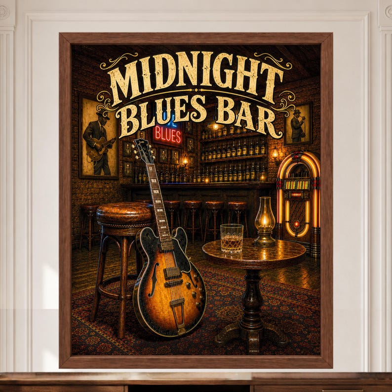 Puede incluir: Una impresi&oacute;n art&iacute;stica enmarcada titulada MIDNIGHT BLUES BAR que muestra una guitarra el&eacute;ctrica de cuerpo hueco sunburst apoyada contra un taburete de bar de cuero marr&oacute;n, una mesa redonda de madera con un vaso de l&iacute;quido &aacute;mbar, una l&aacute;mpara y una gramola.