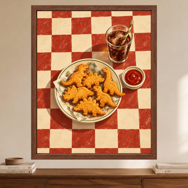 Dino Nugget Kitchen Print, Retro Diner Food Art (Digital Download) imagen 2