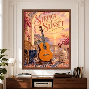 Framed Strings at Sunset music wall art featuring a classical acoustic guitar on a Mediterranean terrace with bougainvillea, patterned tiles, coastal village, calm sea and glowing sunset.