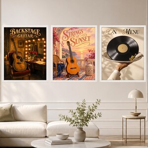 May include: Three framed wall art prints. The left print shows an acoustic guitar on a chair with the text Backstage Guitar. The middle print features a guitar on a balcony at sunset with the text Strings at Sunset. The right print shows a vinyl record on a silver platter with the text On the Menu.