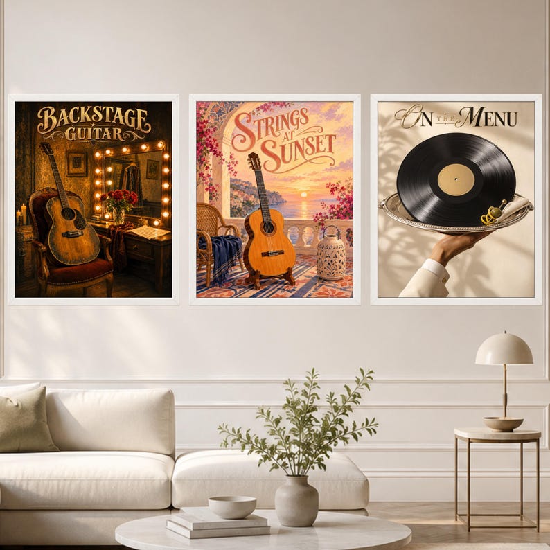 May include: Three framed wall art prints. The left print shows an acoustic guitar on a chair with the text Backstage Guitar. The middle print features a guitar on a balcony at sunset with the text Strings at Sunset. The right print shows a vinyl record on a silver platter with the text On the Menu.