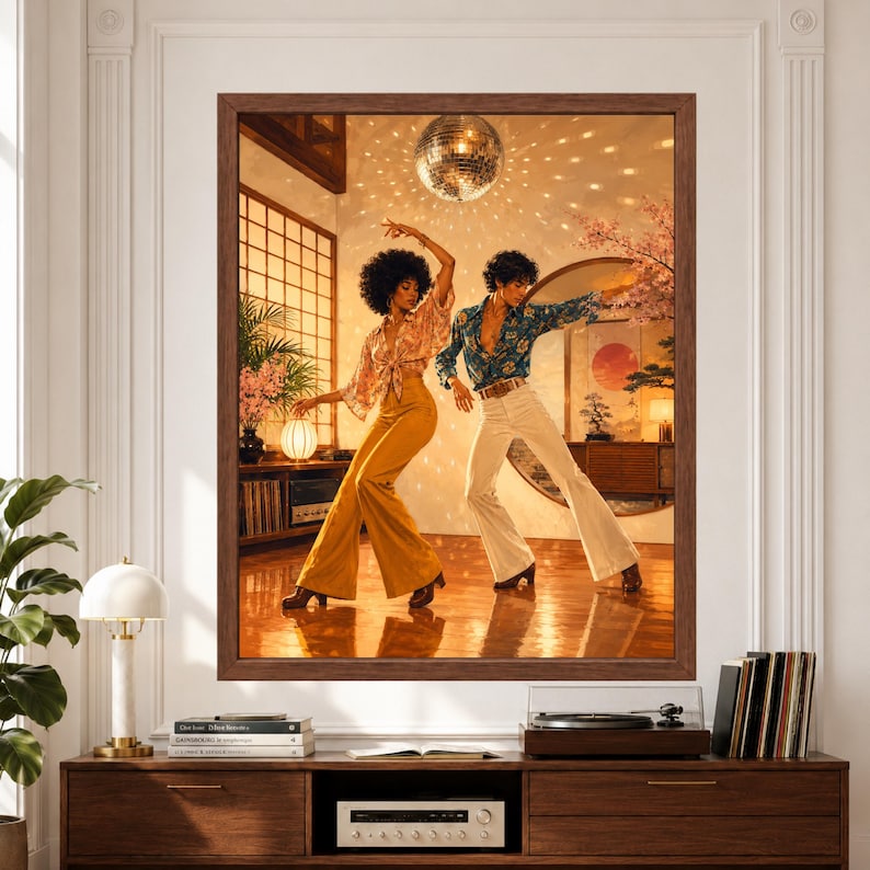 Framed 70s disco wall art featuring a stylish dancing couple in patterned retro clothing beneath a mirror ball inside a warm mid-century room with vinyl records, Japanese-inspired decor, cherry blossoms and golden lighting.