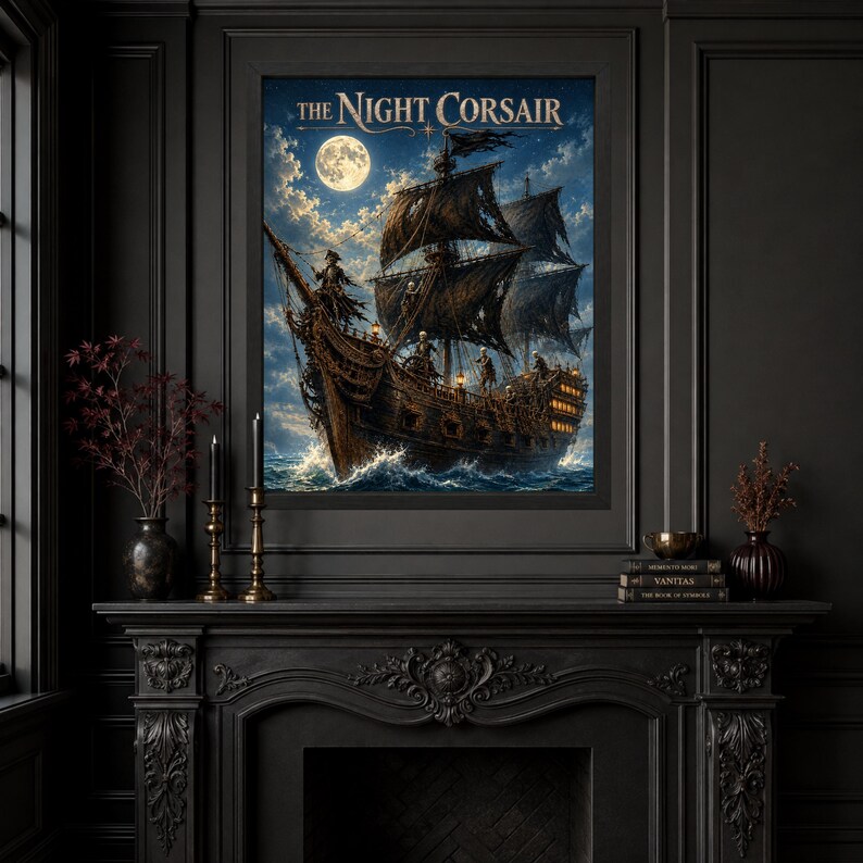 May include: A rectangular wall art print titled THE NIGHT CORSAIR featuring a dark, weathered wooden sailing ship with tattered black sails navigating turbulent blue ocean waves under a bright full moon in a cloudy night sky.