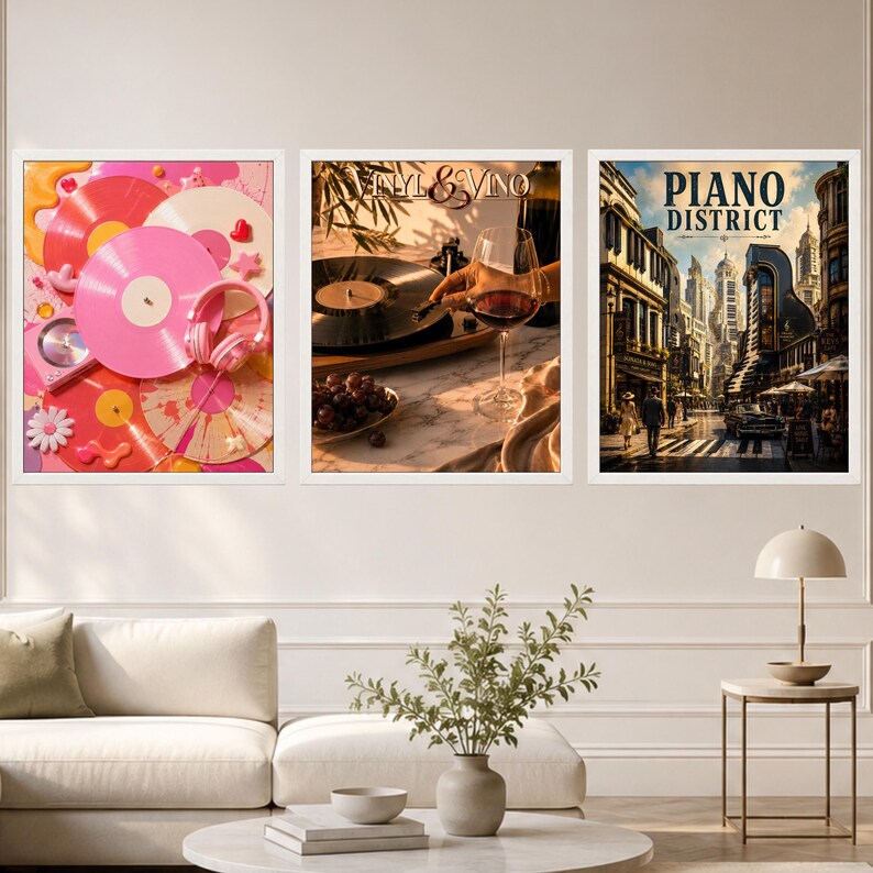May include: A set of three framed wall art prints. The first features pink and red vinyl records with headphones. The second shows a record player, wine glass, and grapes with the text Vinyl & Vino. The third depicts a city street with the text Piano District.