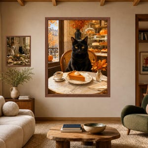 May include: A framed wall art print depicting a black cat sitting at a round table with a slice of pumpkin pie and a cup of coffee. The scene includes a vase of autumn leaves, a window view of trees, and a bakery display case in the background.