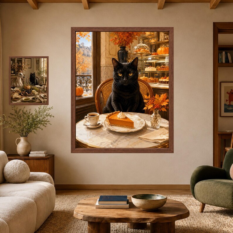 May include: A framed wall art print depicting a black cat sitting at a round table with a slice of pumpkin pie and a cup of coffee. The scene includes a vase of autumn leaves, a window view of trees, and a bakery display case in the background.