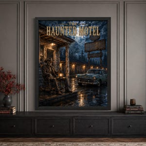 Framed haunted motel Halloween wall art featuring a skeleton holding a lantern outside a weathered Route 66 roadside motel, with a vintage car, glowing neon vacancy sign, full moon and bold “The Haunted Motel” typography.
