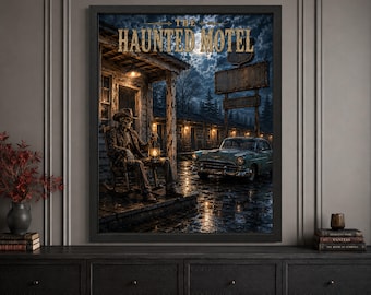 Haunted Motel Halloween Wall Art, Route 66 Skeleton Poster, Vintage Roadside Decor, Digital Download