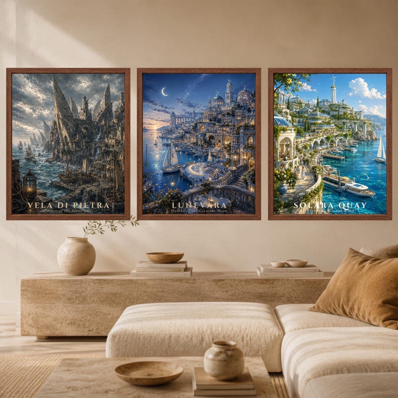 May include: Three framed rectangular wall art prints featuring fantasy coastal cityscapes. The left print is titled Vela Di Pietra, the center print is titled Lunevara, and the right print is titled Solara Quay, each depicting detailed architecture and water.