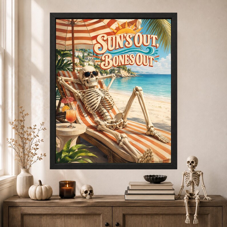 Funny Skeleton Beach Poster, Sun's Out Bones Out, Summer Vacation Art (Digital Download) image 8