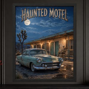 Haunted Motel Halloween Wall Art, Skeleton Roadside Poster, Vintage Horror Decor, Digital Download image 2