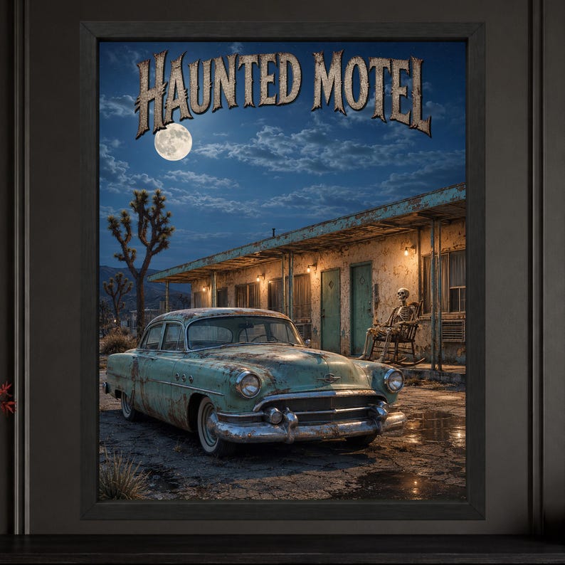 Haunted Motel Halloween Wall Art, Skeleton Roadside Poster, Vintage Horror Decor, Digital Download image 2