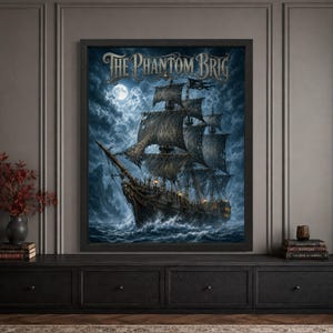 Framed ghost ship Halloween wall art featuring a weathered phantom sailing ship with torn sails crossing violent moonlit seas beneath storm clouds, with skeletal figurehead details and ornate “The Phantom Brig” typography.