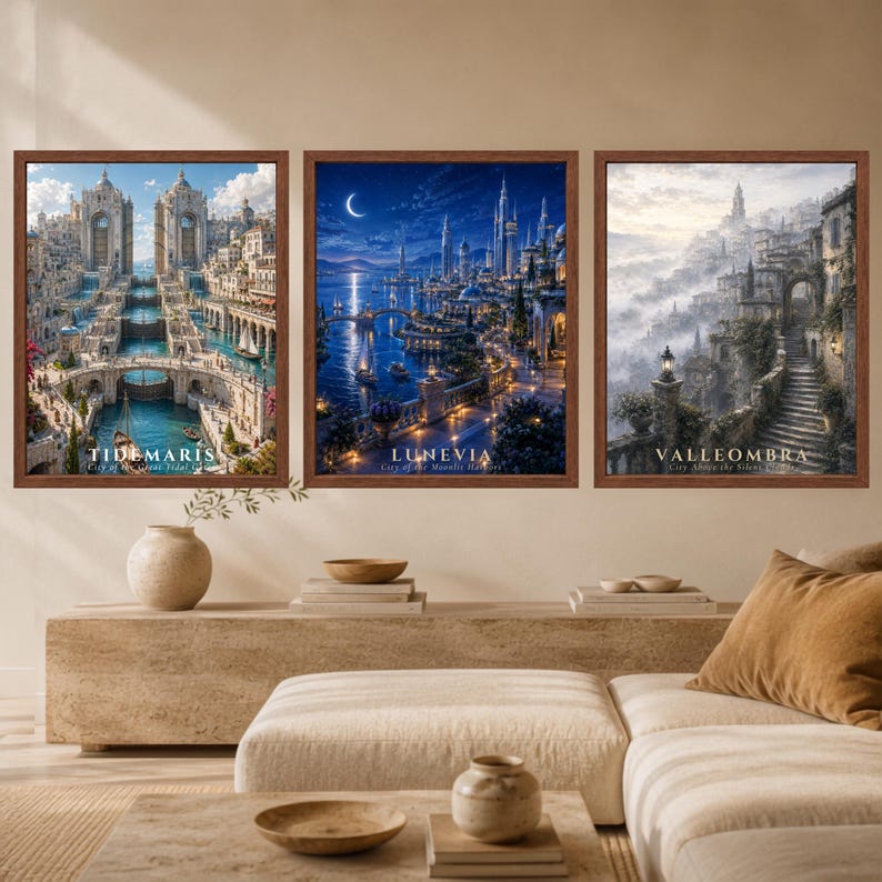 Pu&ograve; includere: Tre stampe d'arte da parete incorniciate raffiguranti paesaggi urbani fantasy. La stampa a sinistra mostra Tidemaris, quella centrale Lunevia sotto una luna crescente e quella a destra Valleombra nella nebbia. Ogni stampa include il nome della citt&agrave;.
