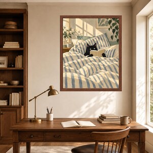 Black Cat Reading in Bed Print, Cozy Bedroom Wall Art (Digital Download) image 6