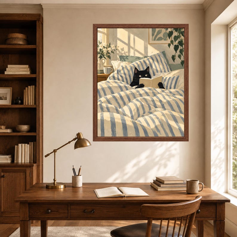 Black Cat Reading in Bed Print, Cozy Bedroom Wall Art (Digital Download) image 6