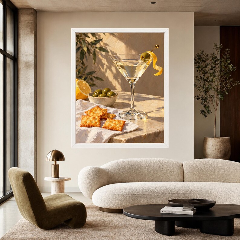 Martini Still Life Print, Olive Cocktail Art, Mediterranean Bar Decor (Digital Download) imagen 3