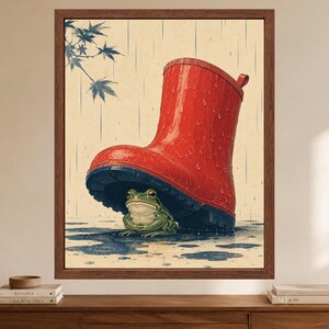 Japanese Woodblock Frog Under Red Boot Print, Whimsical Animal Art (Digital Download) image 2