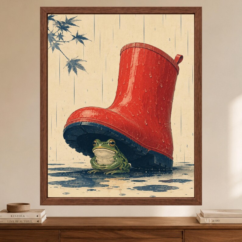 Japanese Woodblock Frog Under Red Boot Print, Whimsical Animal Art (Digital Download) image 2