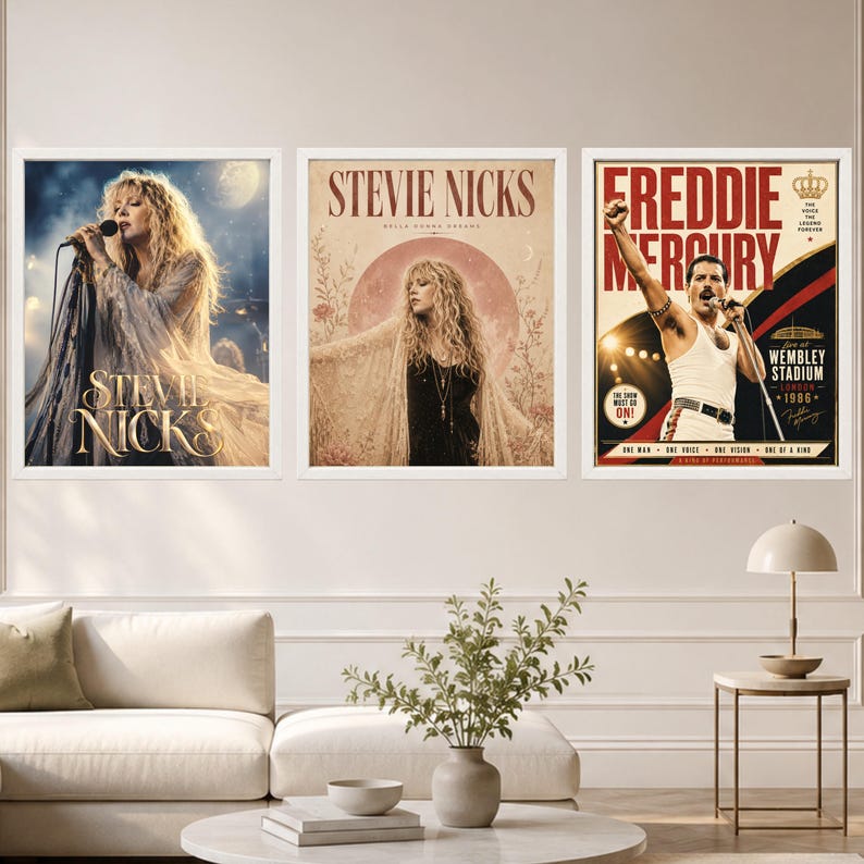 May include: Three framed wall art prints featuring musical icons. The left print shows Stevie Nicks singing, the center print depicts Stevie Nicks with the text "STEVIE NICKS", and the right print shows Freddie Mercury with the text "FREDDIE MERCURY".