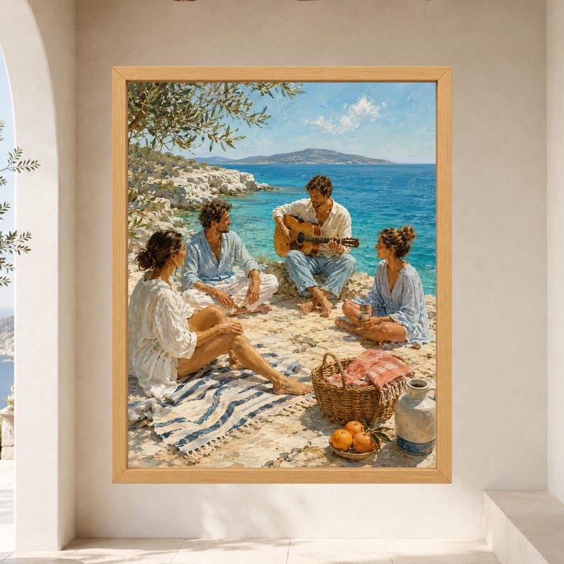 May include: A framed painting depicting three people sitting on a rocky shore by the blue sea. One person plays an acoustic guitar while others sit on a striped blanket. A woven basket, oranges, and a ceramic jug are placed on the ground nearby.