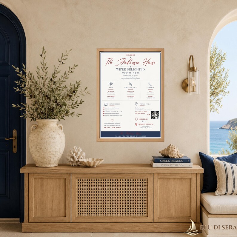 May include: A framed guest information sign titled The Anderson House, featuring text details for Wi-Fi, check-in, check-out, contact information, house rules, and emergency services, including a QR code, displayed on a light-colored wall.
