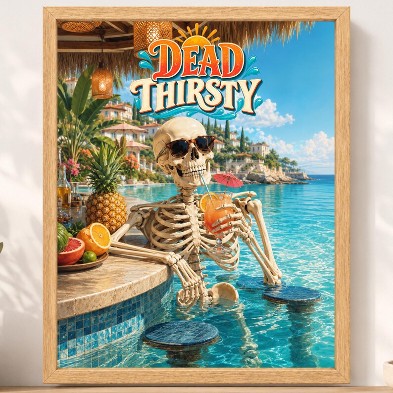 May include: A framed wall art print featuring a skeleton wearing sunglasses, sitting at a swim-up bar in a tropical pool. The skeleton holds a cocktail with a small umbrella. The text DEAD THIRSTY is displayed at the top. A pineapple and citrus fruits sit on the bar counter, with a coastal resort visible in the background.