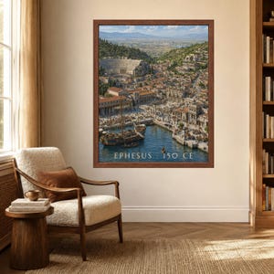 May include: A framed wall art print depicting an aerial view of the ancient city of Ephesus in 150 CE, featuring a harbor with wooden ships, stone amphitheaters, and classical architecture, with the text EPHESUS 150 CE printed at the bottom.