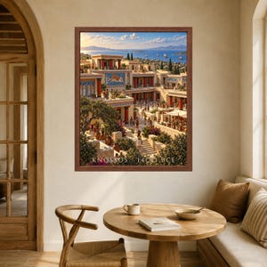 May include: A framed wall art print depicting the ancient palace of Knossos with red columns, blue frescoes, and figures in a courtyard setting. The text "KNOSSOS 1400 BCE" is printed at the bottom of the image, which shows a coastal landscape.