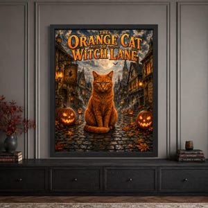 Framed orange cat Halloween wall art featuring a ginger cat seated on a cobblestone street in a moonlit witchy village, surrounded by glowing jack-o’-lanterns, autumn leaves and vintage “The Orange Cat of Witch Lane” typography.