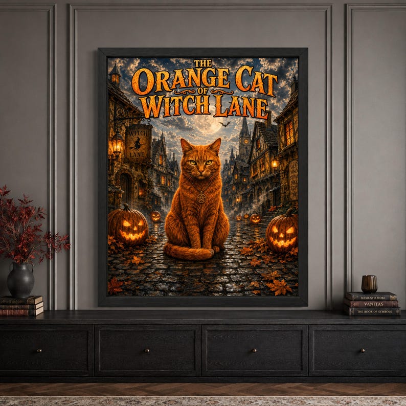 Framed orange cat Halloween wall art featuring a ginger cat seated on a cobblestone street in a moonlit witchy village, surrounded by glowing jack-o’-lanterns, autumn leaves and vintage “The Orange Cat of Witch Lane” typography.
