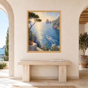 May include: A framed wall art print depicting a coastal Mediterranean scene with a sunlit blue sea, a small motorboat leaving a wake, rocky cliffs in the distance, a pine tree, and an agave plant in a terracotta pot in the foreground.