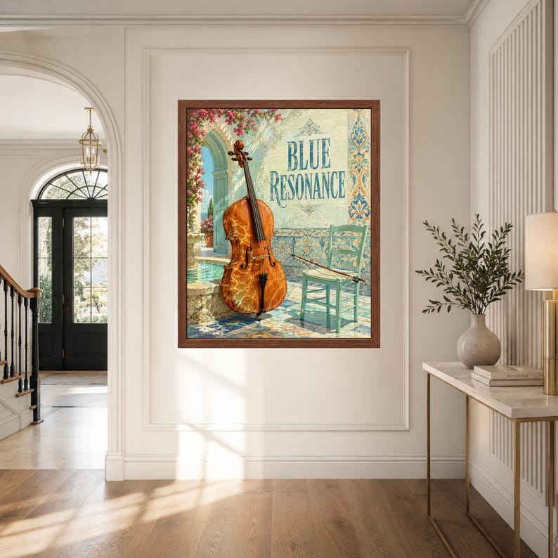 Puede incluir: Una impresi&oacute;n art&iacute;stica enmarcada titulada BLUE RESONANCE que muestra un violonchelo de madera sobre un patio de baldosas junto a una silla azul claro y un arco. La escena incluye un arco de piedra, una fuente y flores rosas de fondo.