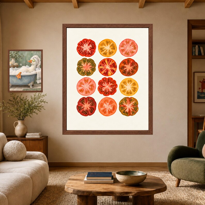 Tomatväggkonst, färgglatt kökstryck, arvegods-tomataffisch, retro matdekor, digital nedladdning bild 7