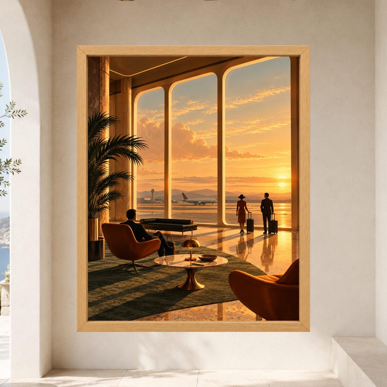Kunstdruck einer Flughafenlounge im Stil der Mitte des 20. Jahrhunderts, Poster „Sunset Aviation“ (Digitaler Download) Bild 8