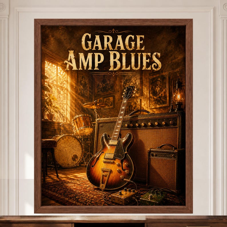 Vintage affisch för bluesgitarrförstärkare, konst för garagerepetitionsrum (digital nedladdning) bild 2